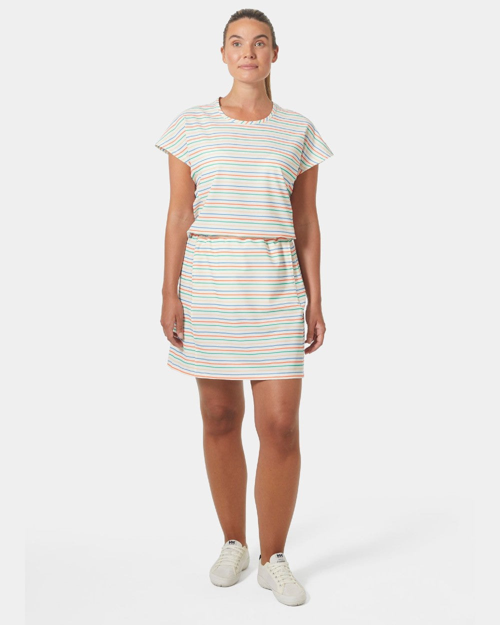 Snow Multistripe coloured Helly Hansen Womens Thalia Summer Dress 2.0 on grey background 