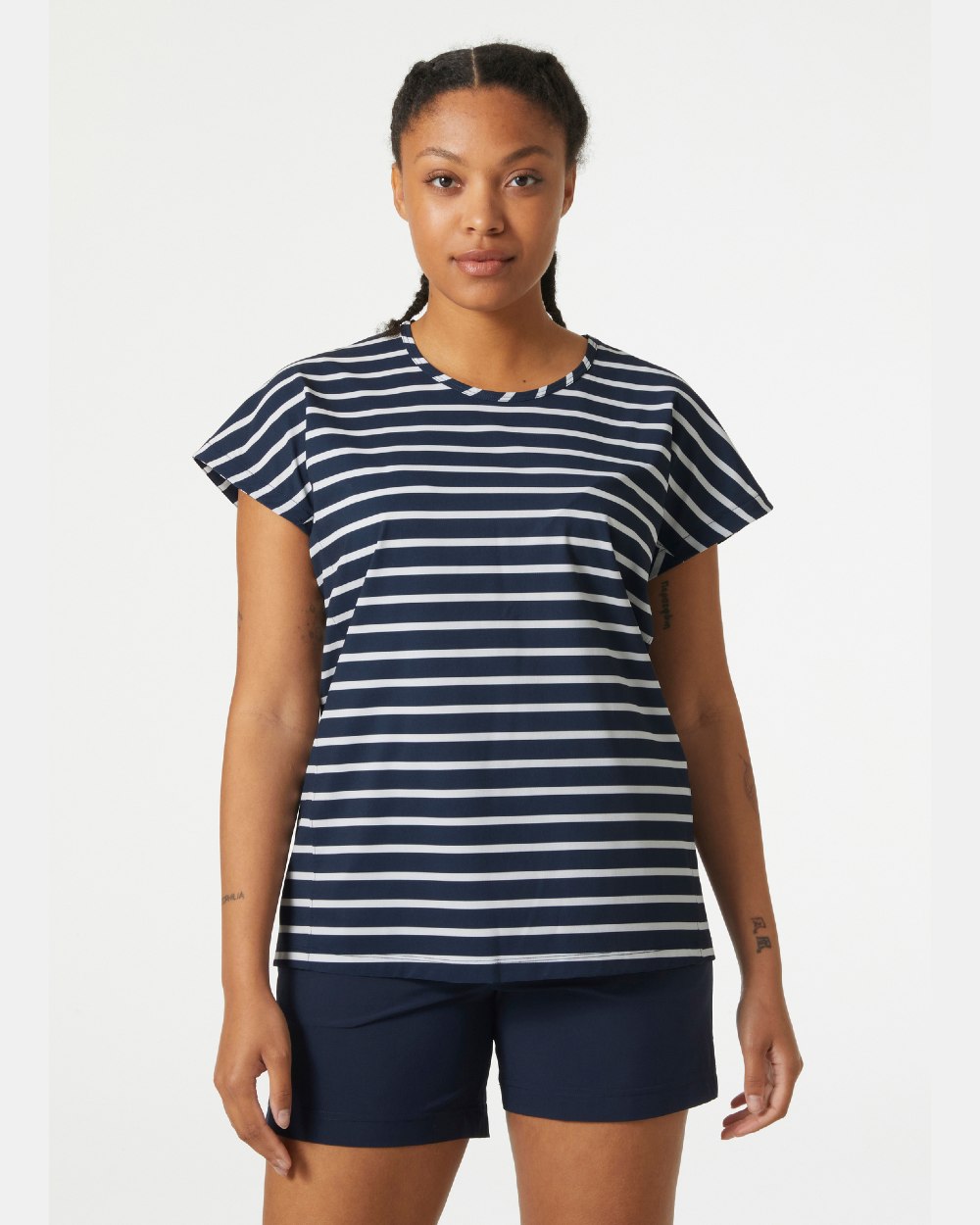 Navy Stripe coloured Helly Hansen Womens Thalia Summer Top on grey background 