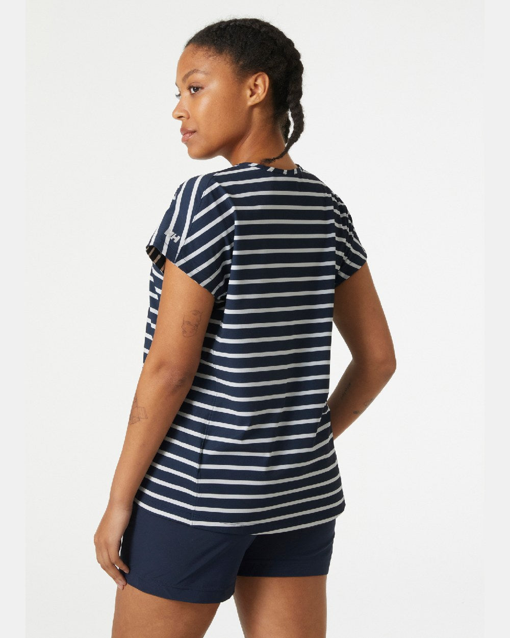 Navy Stripe coloured Helly Hansen Womens Thalia Summer Top on grey background 