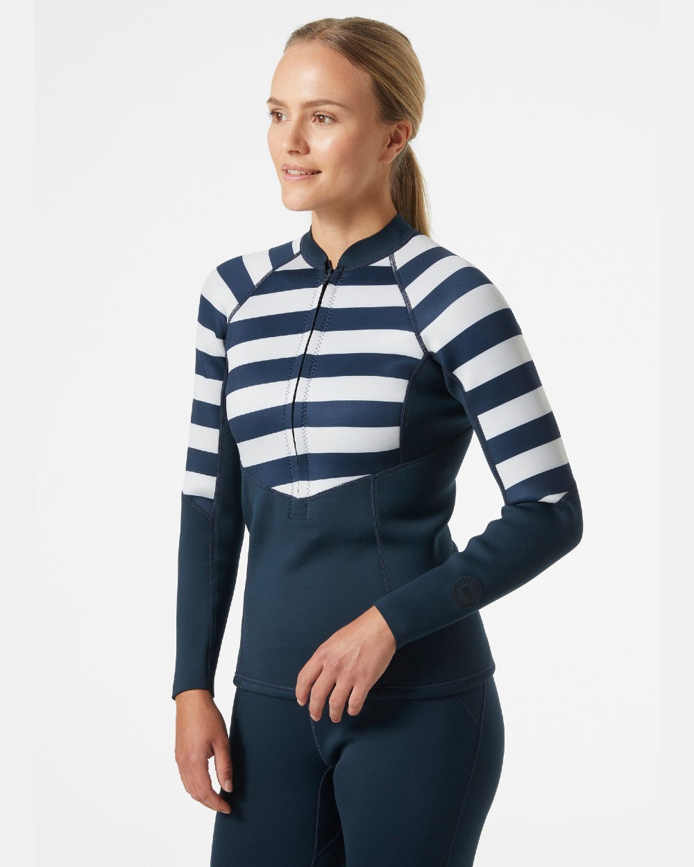 Navy Stripe coloured Helly Hansen Womens Waterwear Half Zip Jacket on grey background 