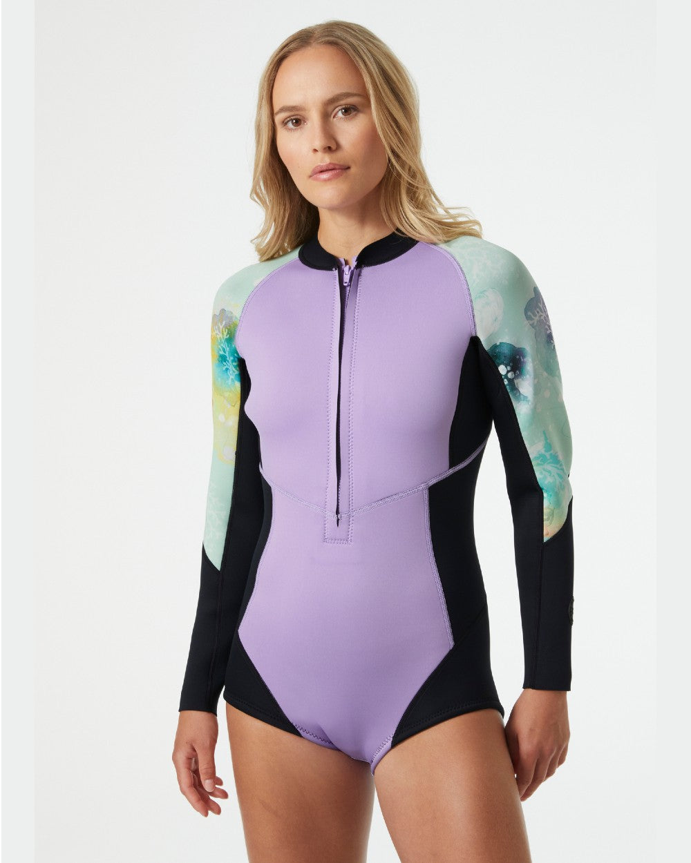 Jade Esra coloured Helly Hansen Womens Waterwear Long Sleeve Wetsuit on grey background 