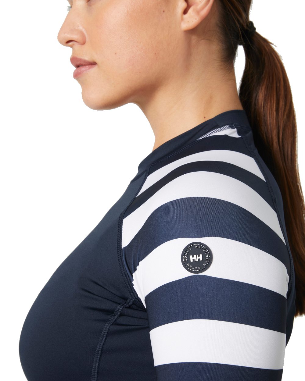 Navy Stripe coloured Helly Hansen Womens Waterwear Rashguard on white background 