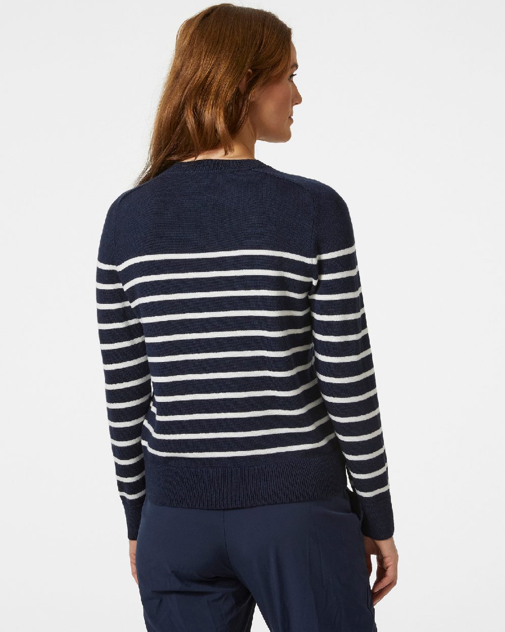 Navy coloured Helly Hansen Womens Molene Wool Sweater on grey background 