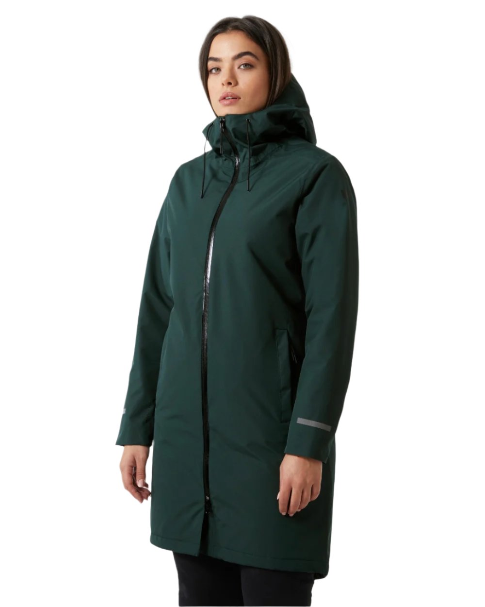 Darkest Spruce coloured Helly Hansen Womens Aspire Rain Coat on white background 