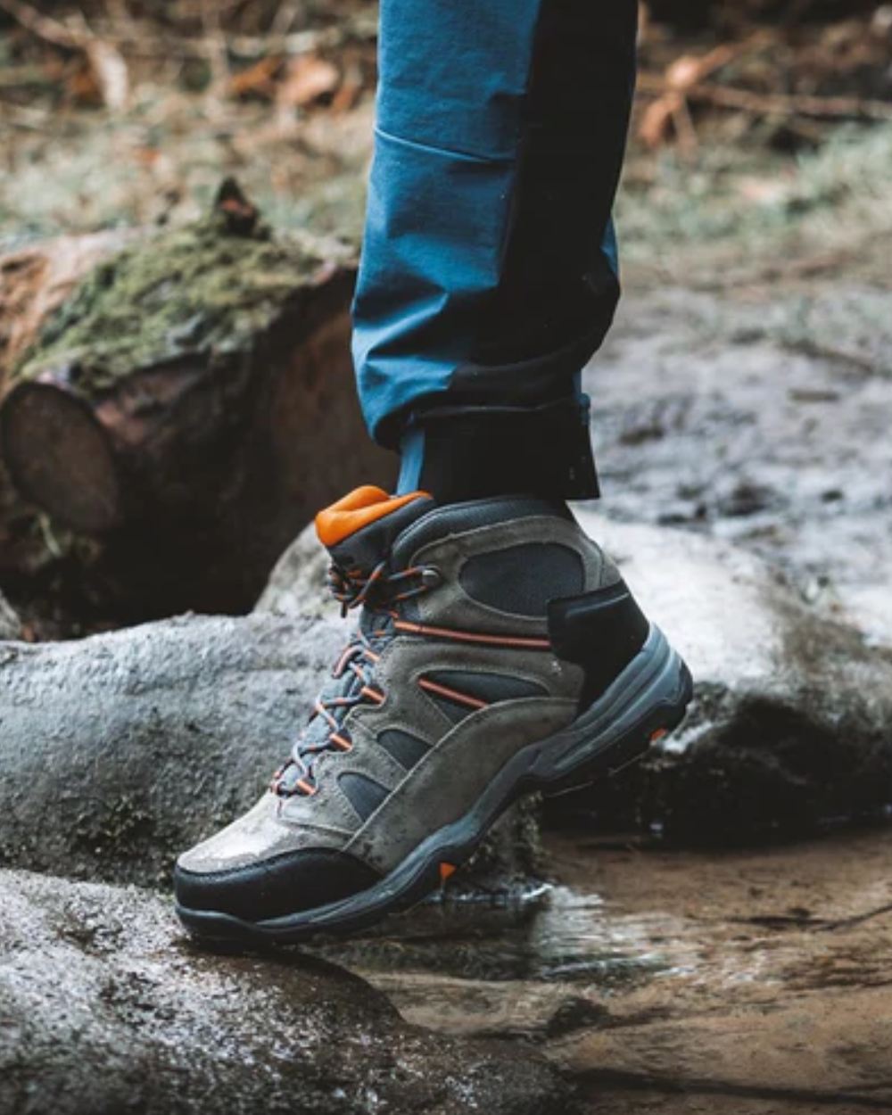 Charcoal Graphite Burnt Orange Coloured Hi-Tec Bandera Lite II Waterproof Hiking Boots On A Forest Background