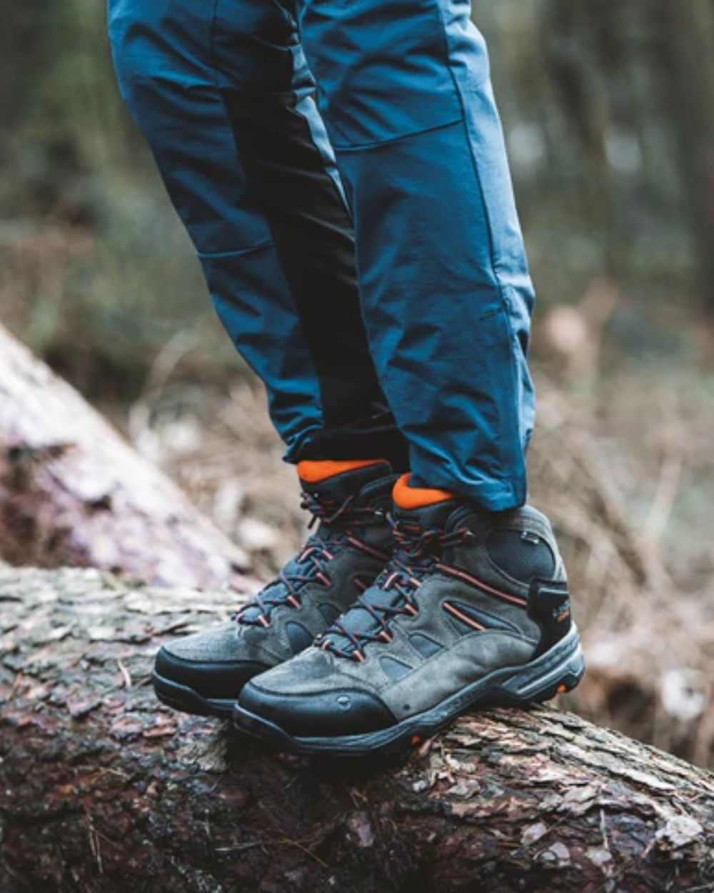 Charcoal Graphite Burnt Orange Coloured Hi-Tec Bandera Lite II Waterproof Hiking Boots On A Forest Background