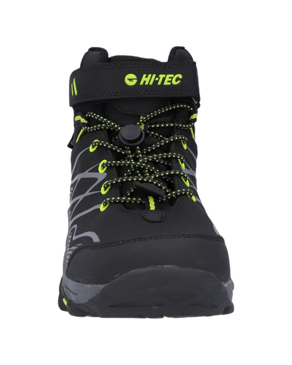 Black Lime Coloured Hi-Tec Childrens Blackout Mid Boots On A White Background 