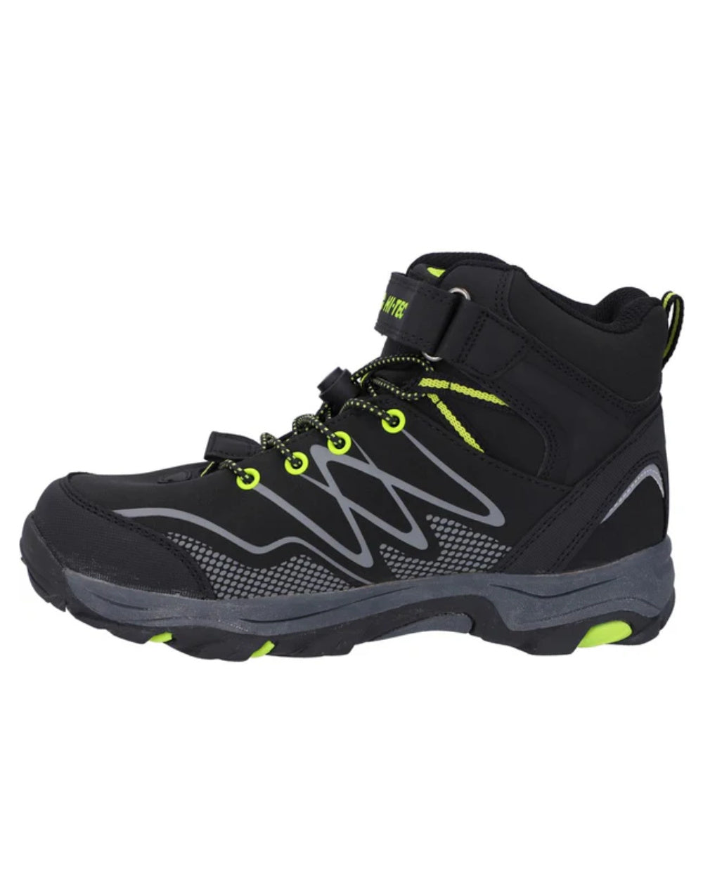 Black Lime Coloured Hi-Tec Childrens Blackout Mid Boots On A White Background 