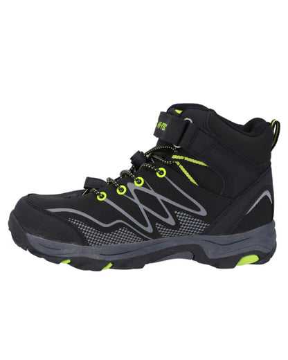 Black Lime Coloured Hi-Tec Childrens Blackout Mid Boots On A White Background 