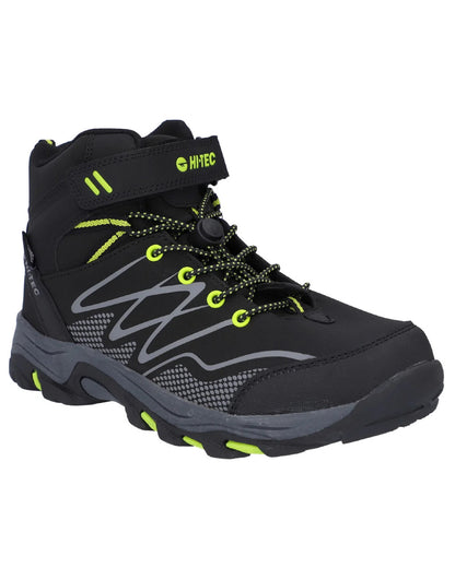 Black Lime Coloured Hi-Tec Childrens Blackout Mid Boots On A White Background 