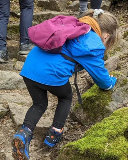 Navy Orange Lake Blue Coloured Hi-Tec Childrens Blackout Mid Boots On A Hill Background 