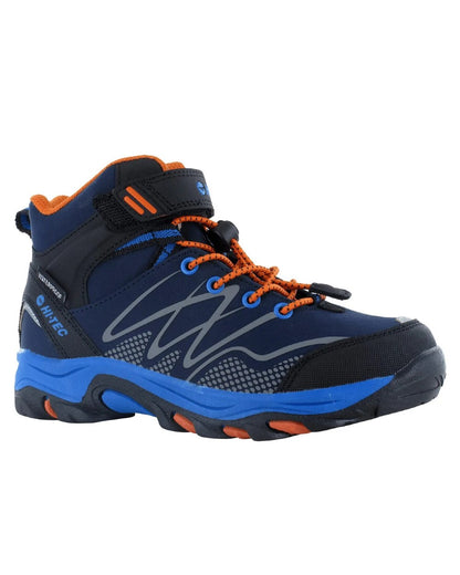 Navy Orange Lake Blue Coloured Hi-Tec Childrens Blackout Mid Boots On A White Background 