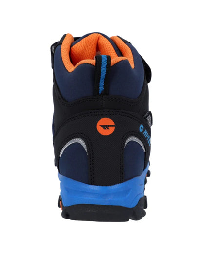 Navy Orange Lake Blue Coloured Hi-Tec Childrens Blackout Mid Boots On A White Background 