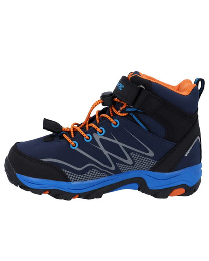 Navy Orange Lake Blue Coloured Hi-Tec Childrens Blackout Mid Boots On A White Background 