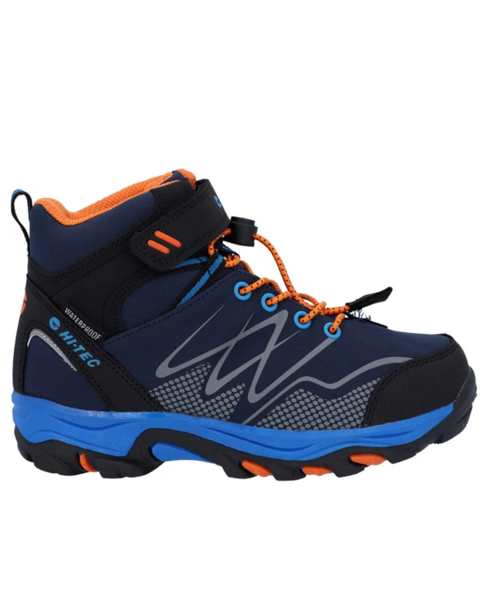 Navy Orange Lake Blue Coloured Hi-Tec Childrens Blackout Mid Boots On A White Background 