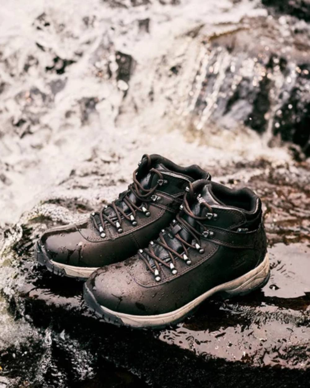 Dark Chocolate Coloured Hi-Tec Eurotrek Lite Waterproof Hiking Boots On A Waterfall Background 