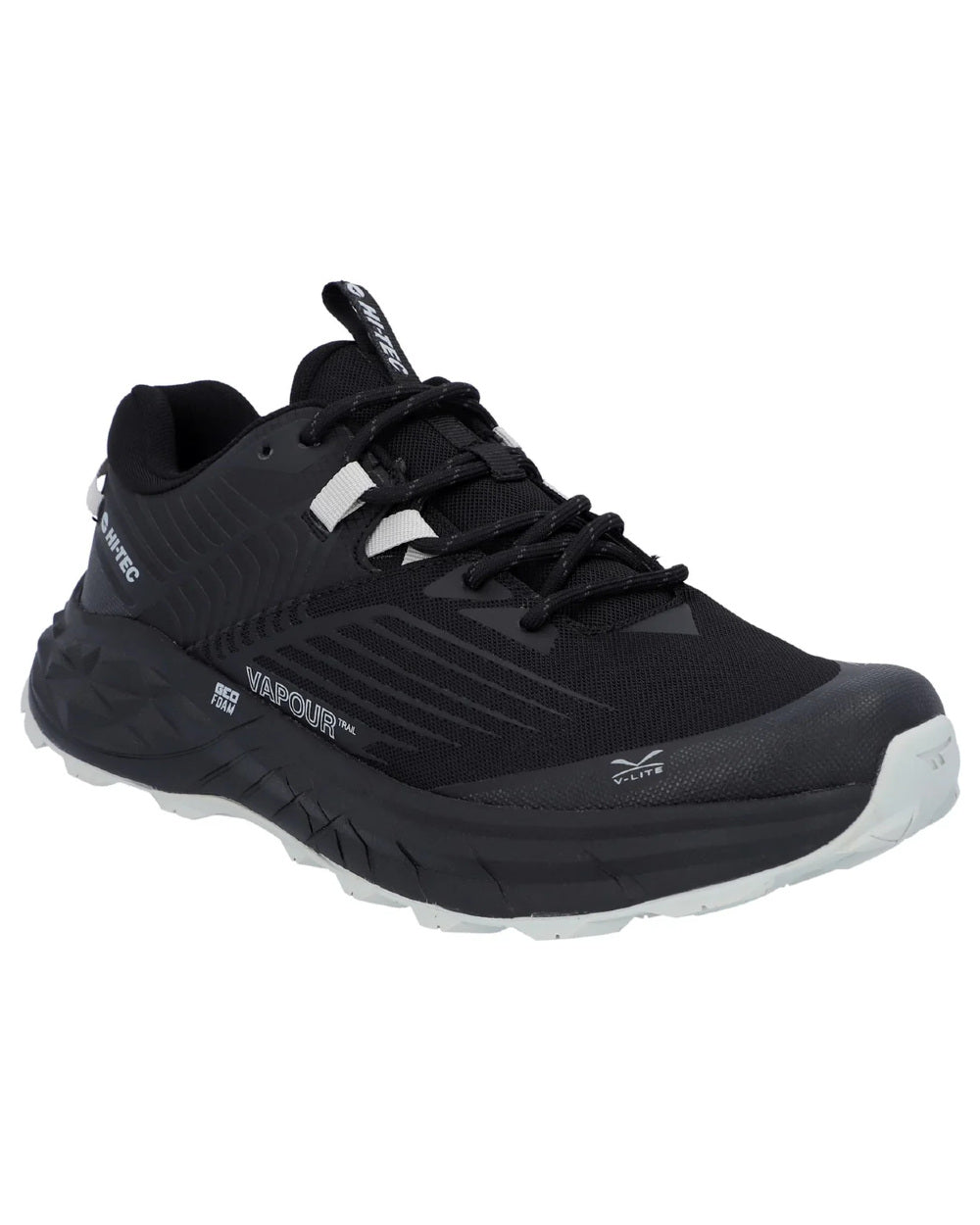 Black Grey Coloured Hi-Tec Mens Fuse Trail Low Trainers On A White Background 