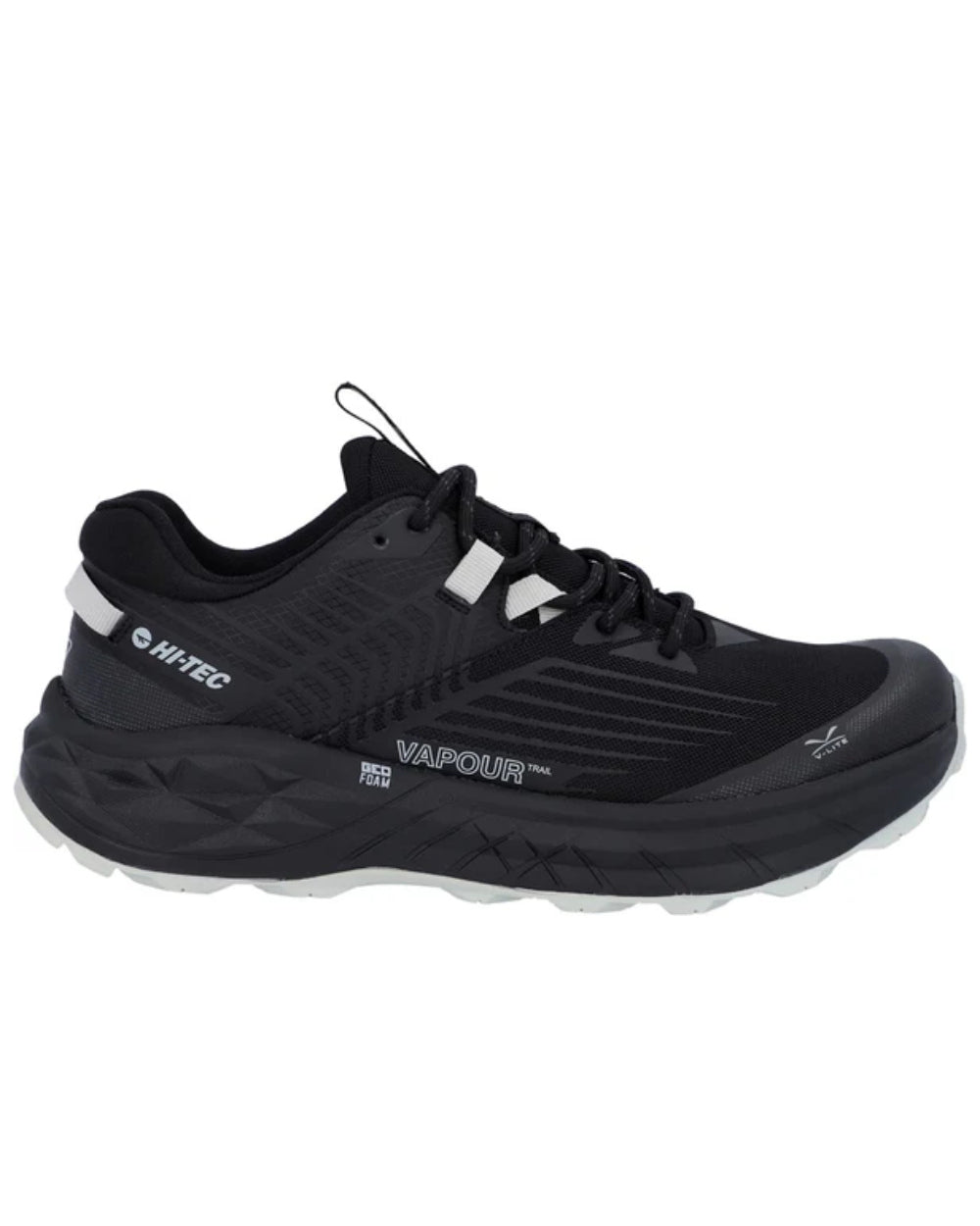 Black Grey Coloured Hi-Tec Mens Fuse Trail Low Trainers On A White Background 