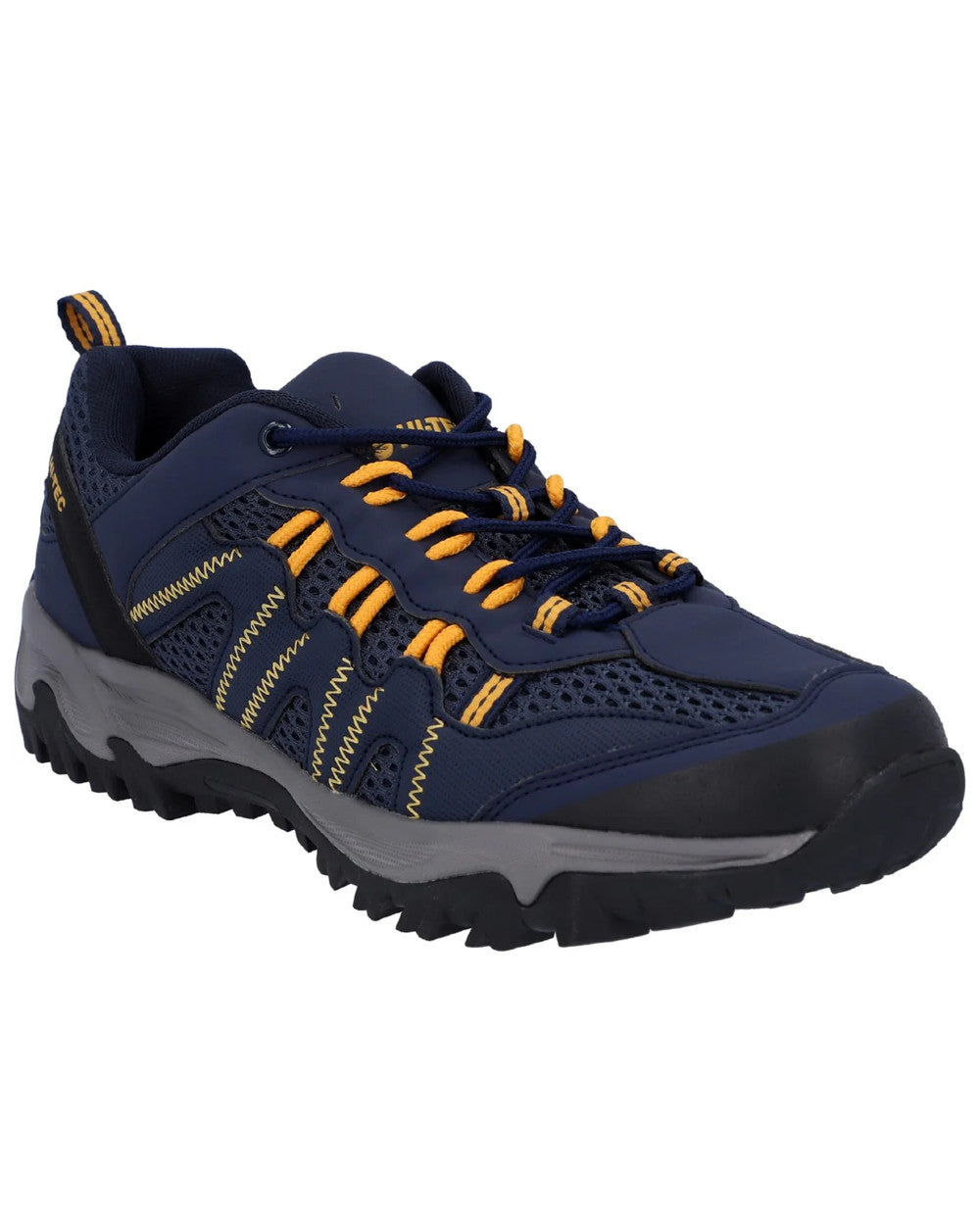 Navy Yellow Coloured Hi-Tec Mens Jaguar Shoes On A White Background