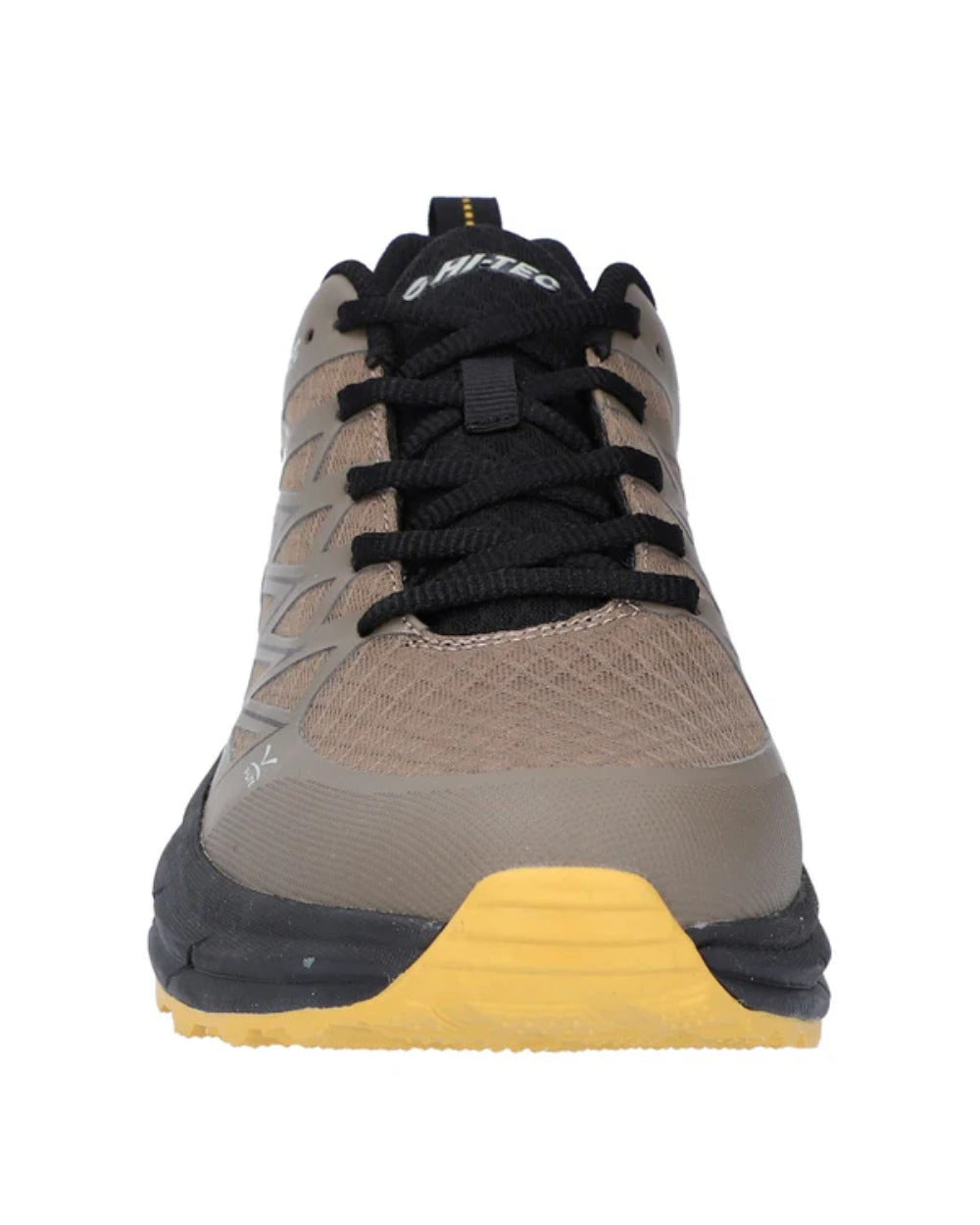 Olive Coloured Hi-Tec Mens Trail Destroyer Trainers On A White Background