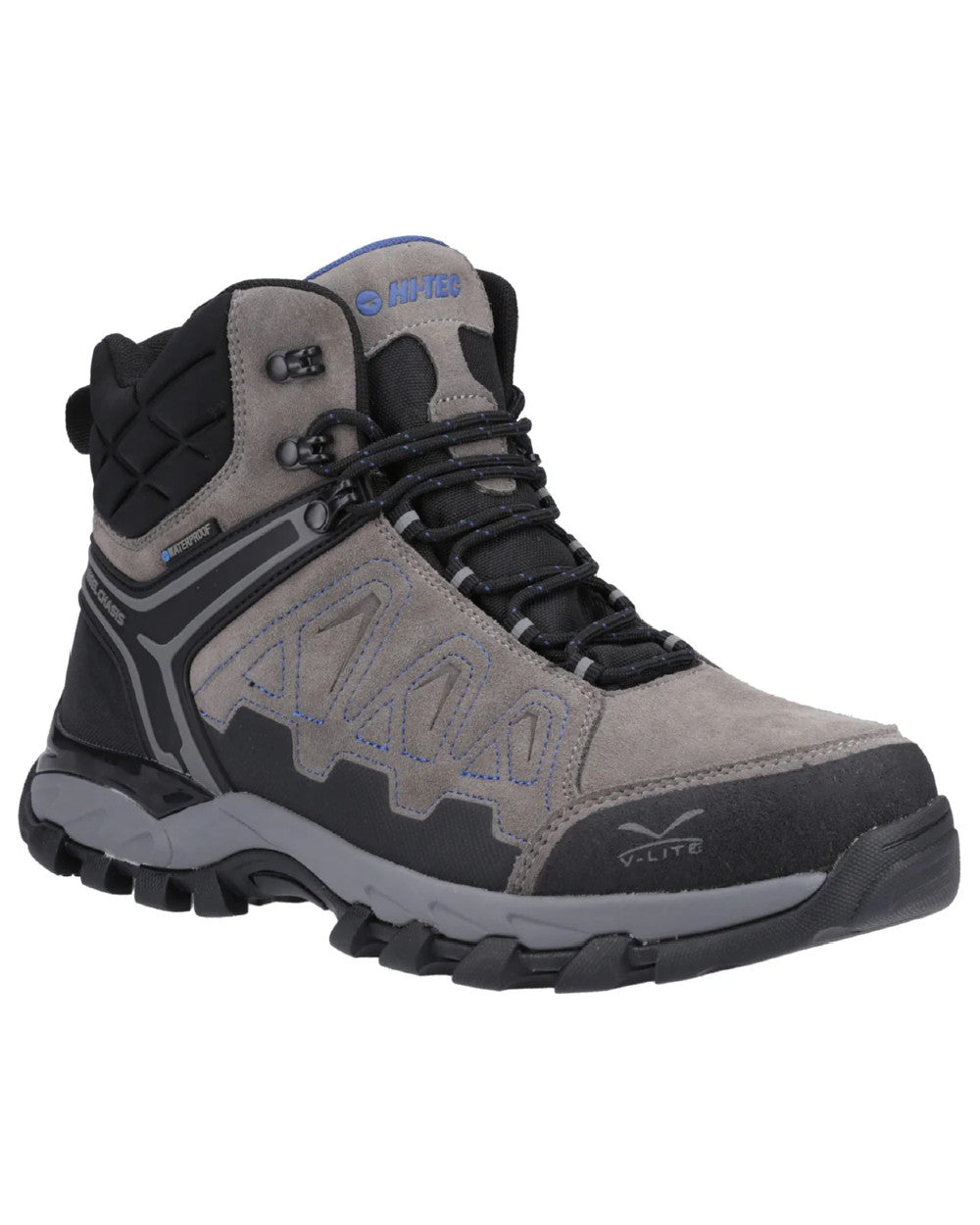 Grey Coloured Hi-Tec Mens V-Lite Explorer Waterproof Hiking Boots On A White Background 