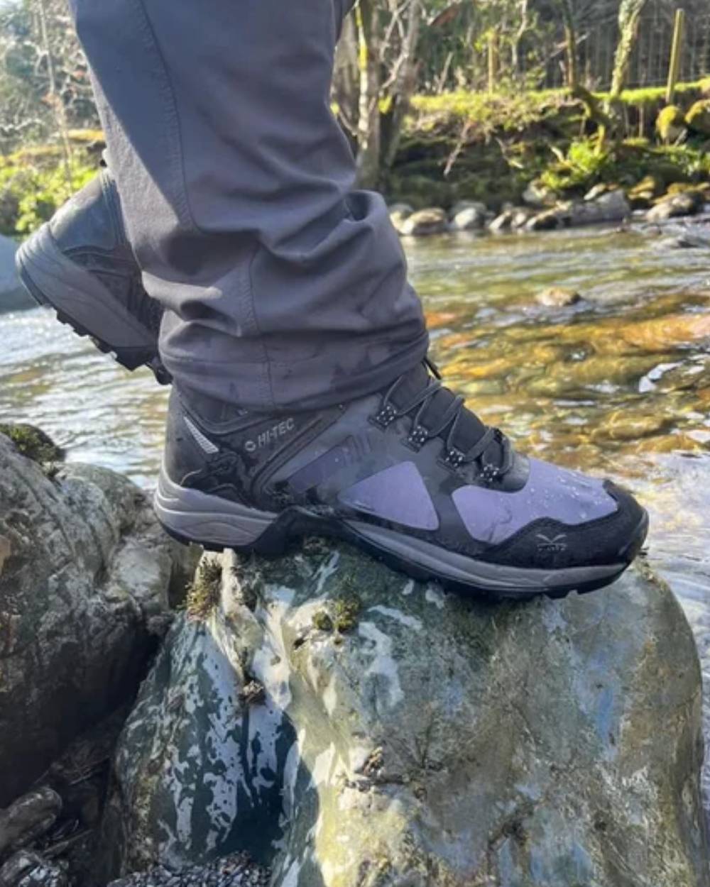 Black Coloured Hi-Tec Mens V-Lite Psych Boots On A Trail Background 