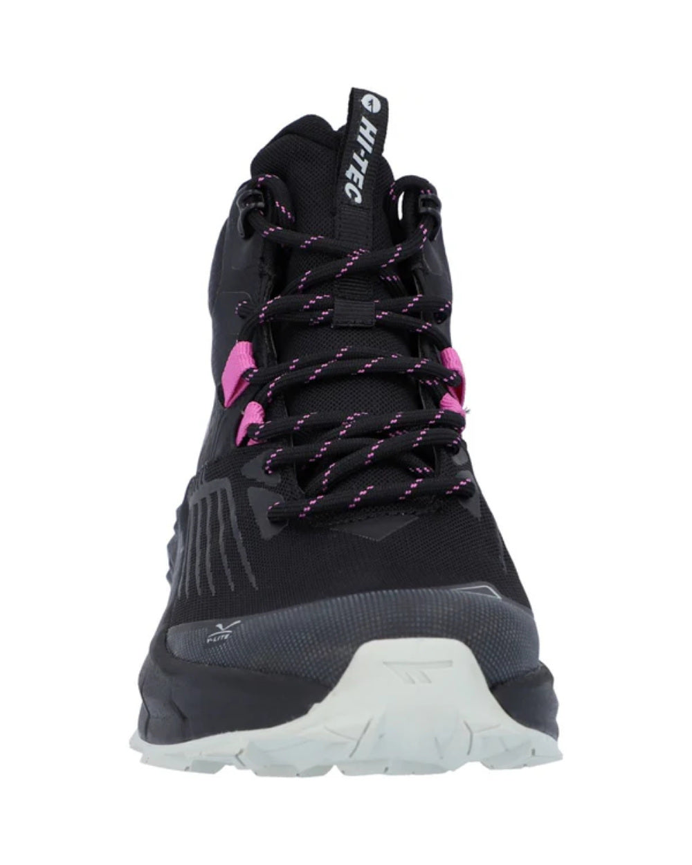 Black Coloured Hi-Tec Womens Fuse Trail Mid Waterproof Trainers On A White Background 