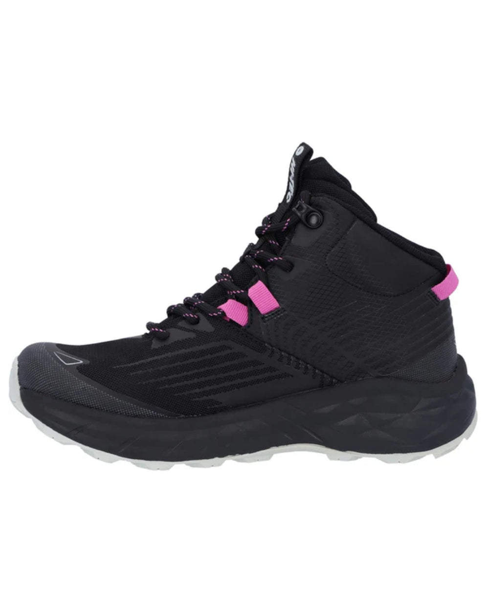 Black Coloured Hi-Tec Womens Fuse Trail Mid Waterproof Trainers On A White Background 