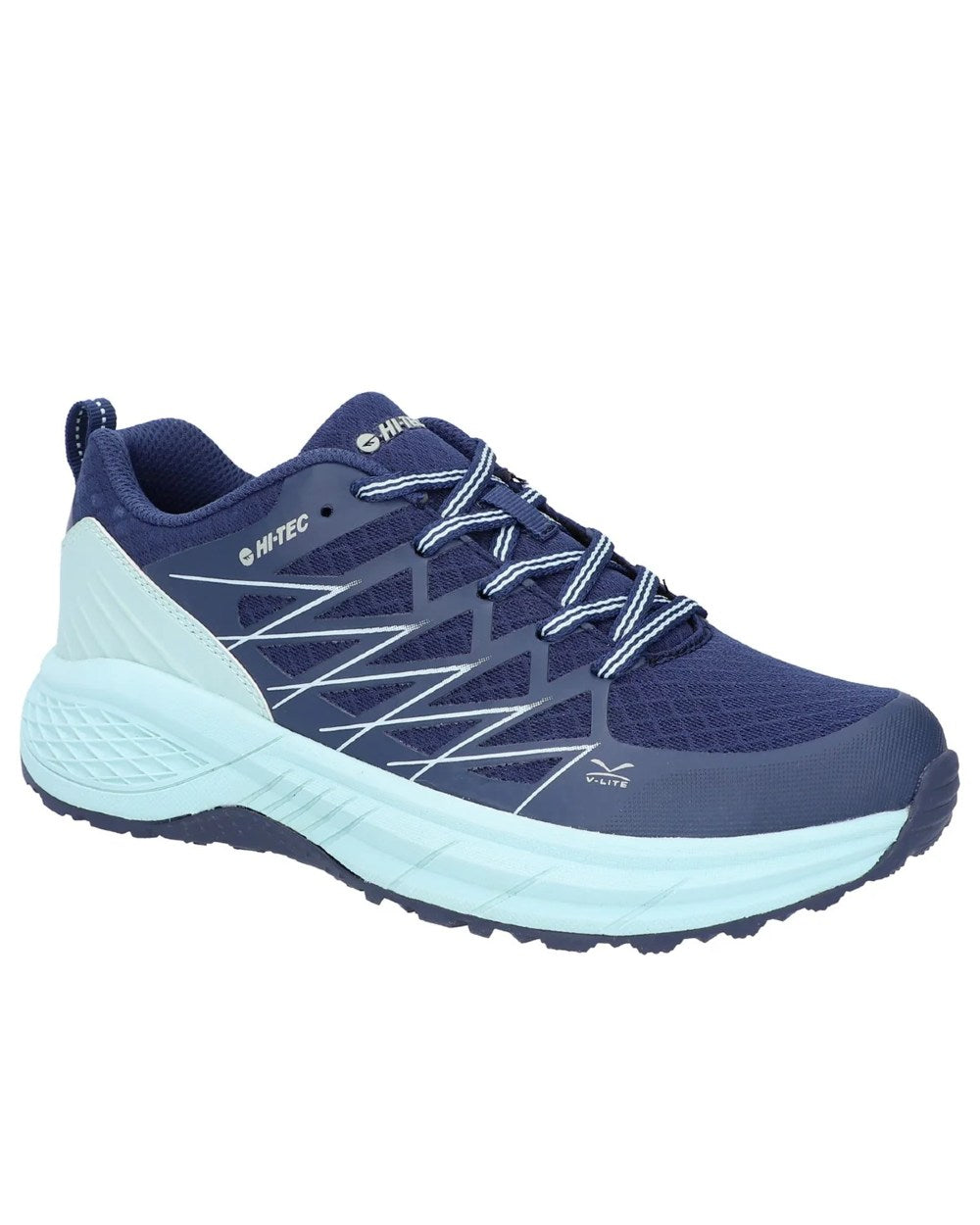 Blue Coloured Hi-Tec Womens Trail Destroyer Trainer Shoes On A White Background