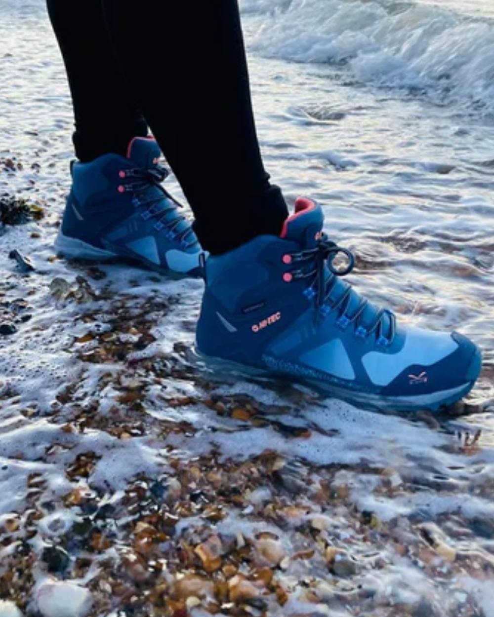 Blue Coloured Hi-Tec Womens V-Lite Psych Boots On A River Background 