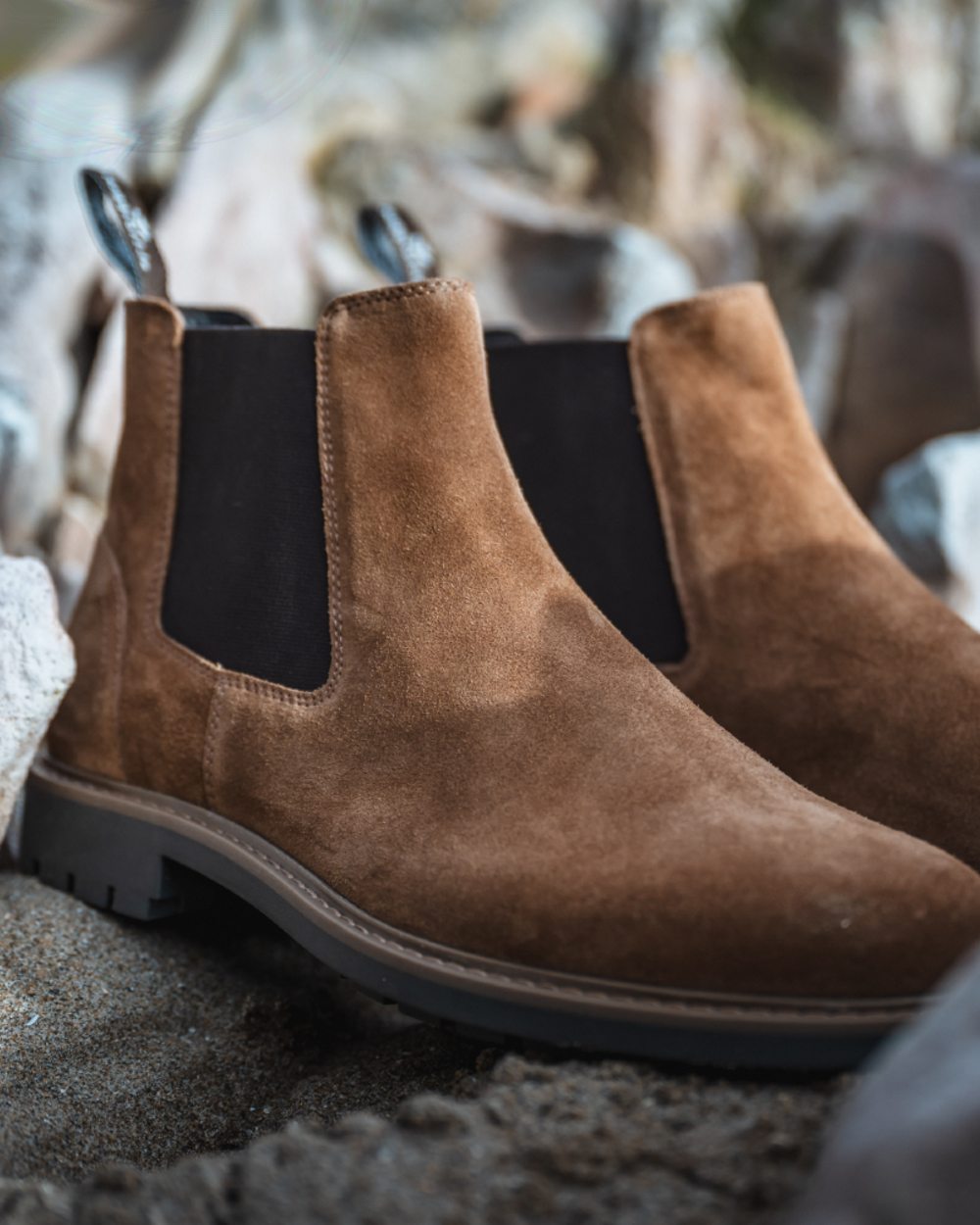 Coffee Suede Coloured Hoggs of Fife Banff Country Dealer Boots on A sand Background 