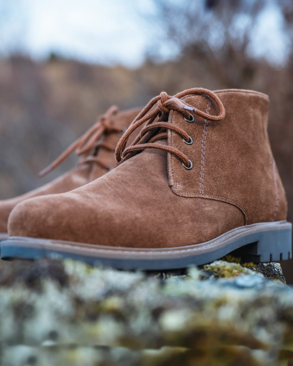 Coffee Suede Coloured Hoggs of Fife Clayton Chukka Boots On a mountain Background 