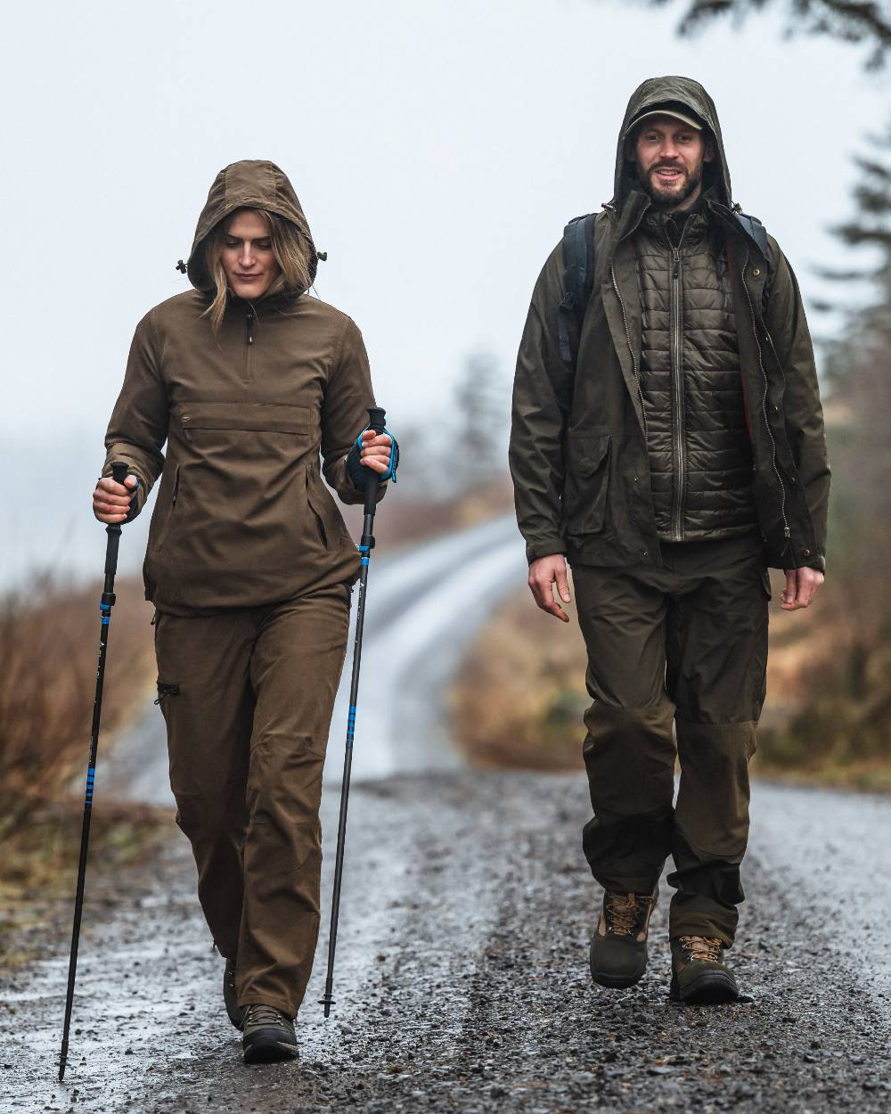 Fen Green coloured Hoggs of Fife Culloden Waterproof Trousers on trek background