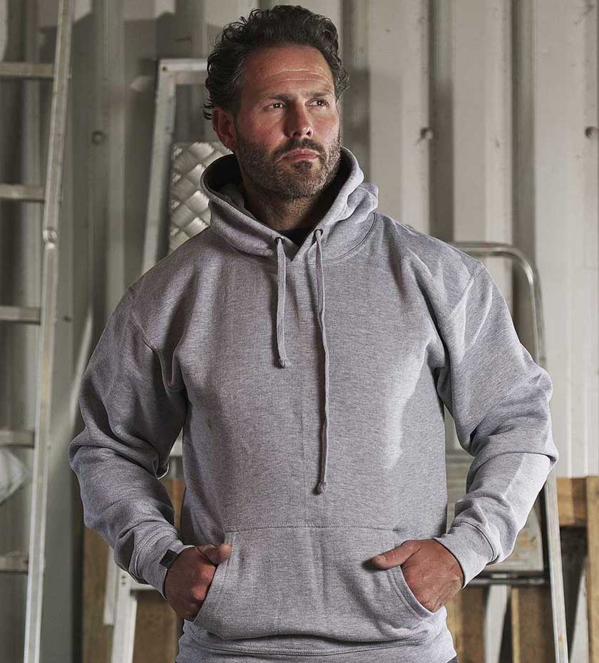 Man in Grey Hoodie with pockets and hood.