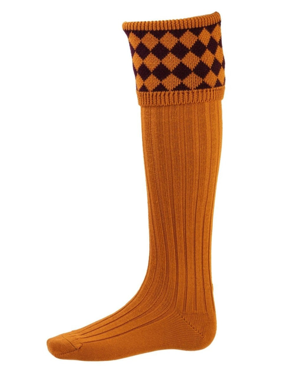 Ochre Coloured House of Cheviot Chessboard Socks On A White Background 