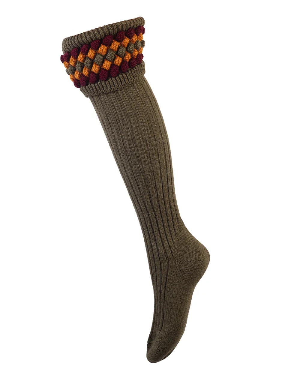 Dark Olive coloured House of Cheviot Lady Angus Shooting Socks on white background 