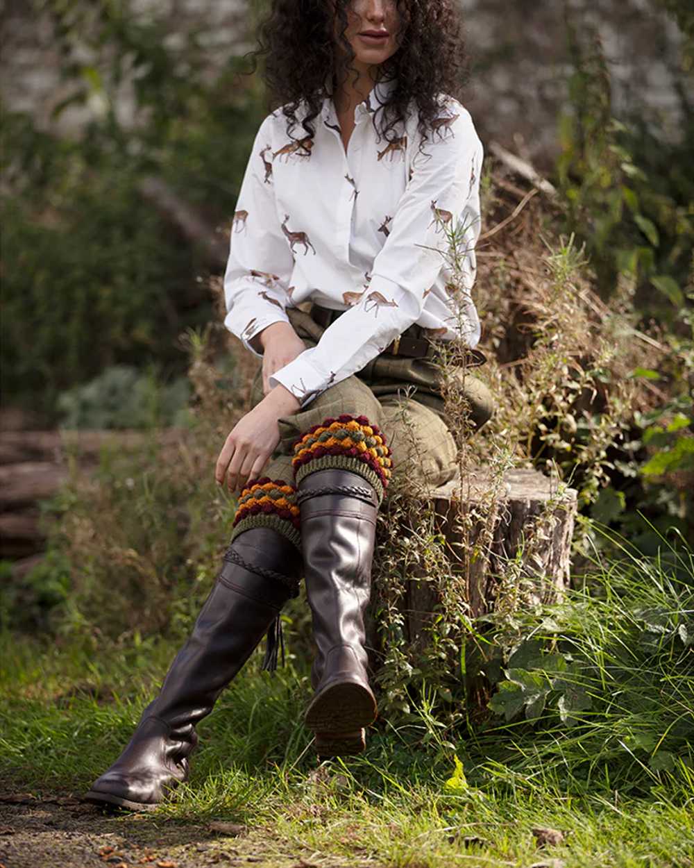 Dark Olive coloured House of Cheviot Lady Angus Shooting Socks on outdoor background 