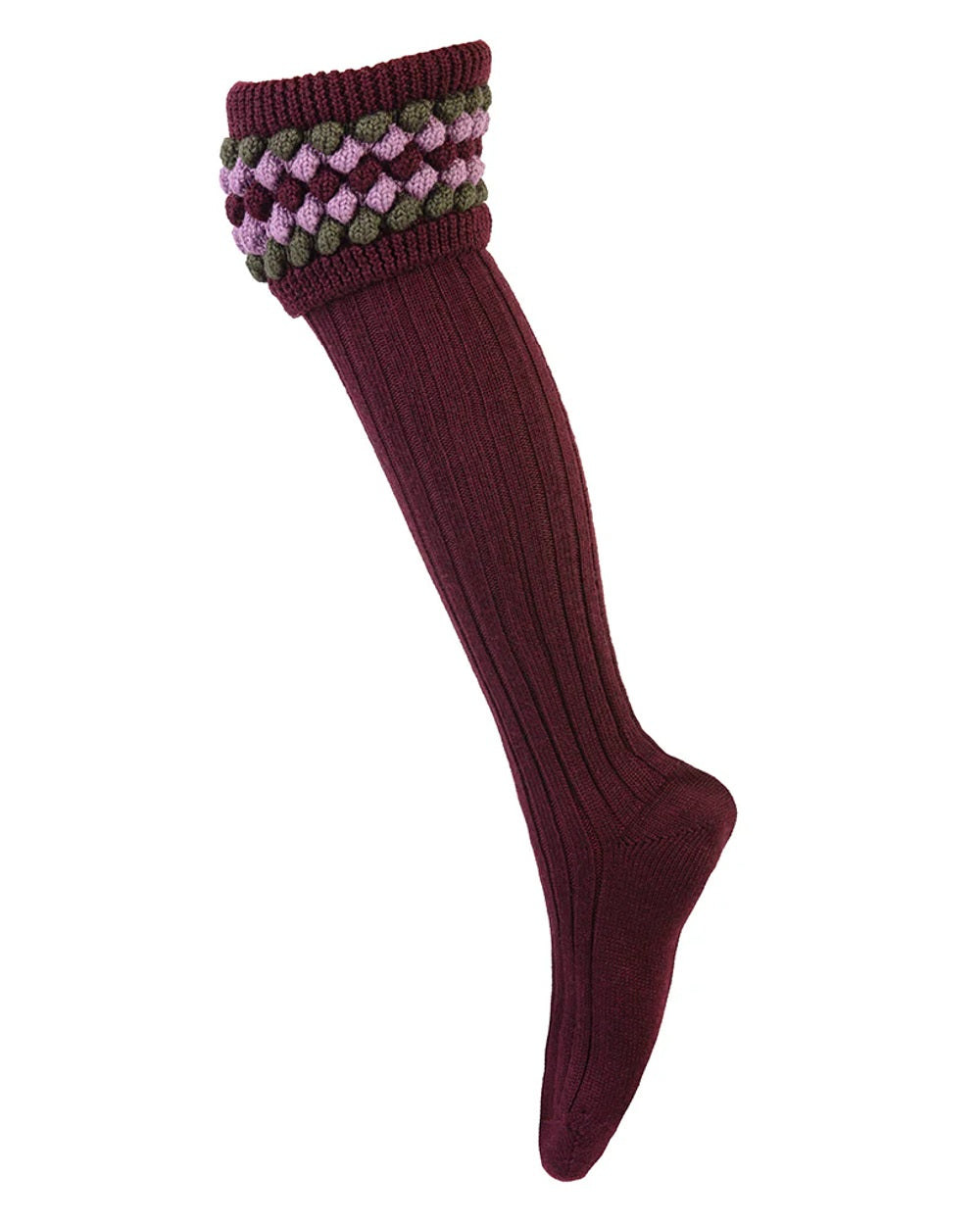 Mulberry coloured House of Cheviot Lady Angus Shooting Socks on white background 