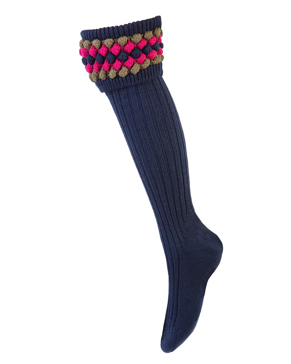 Navy coloured House of Cheviot Lady Angus Shooting Socks on white background 