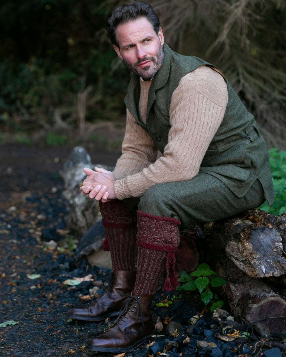 Lovat coloured House of Cheviot Reiver Socks on outdoor background 