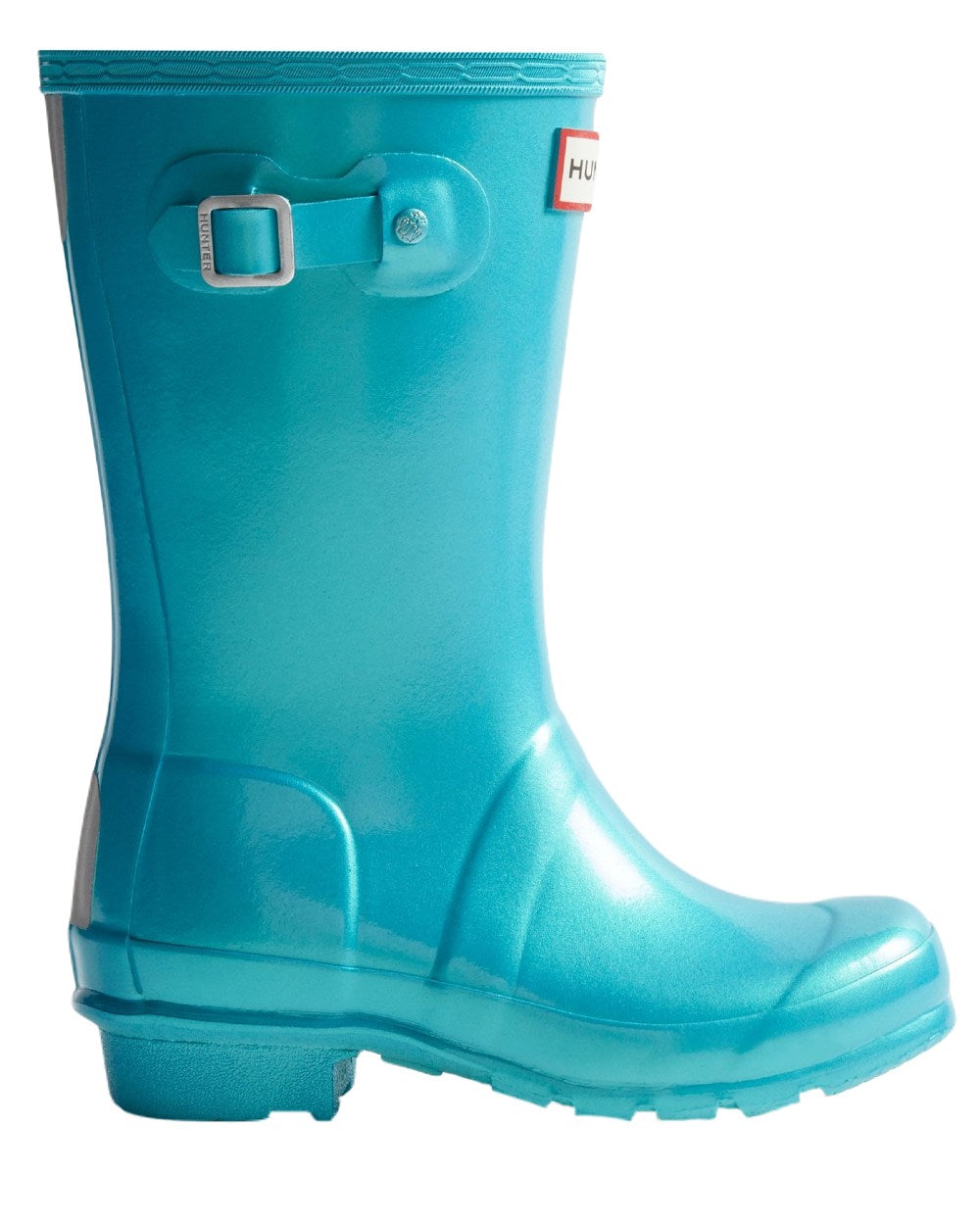 Pool Blue Coloured Hunter Big Kids Original Pearlised Wellington Boots on White Background

