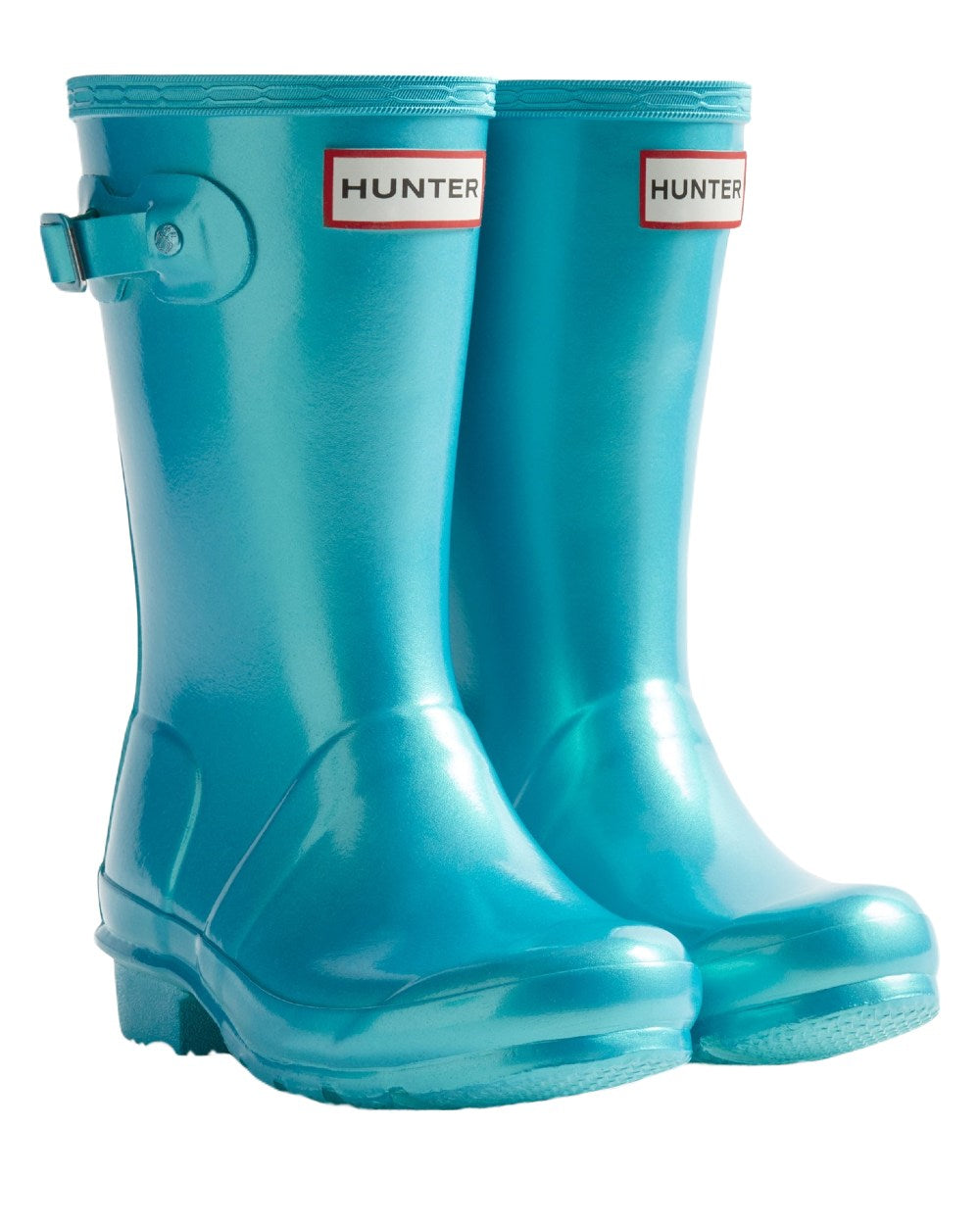 Pool Blue Coloured Hunter Big Kids Original Pearlised Wellington Boots on White Background
