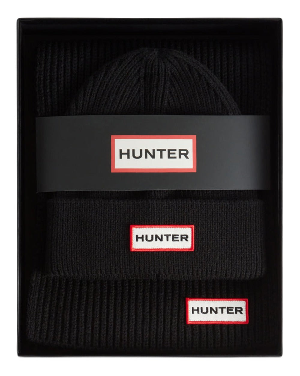 Black Coloured Hunter Jura Scarf and Beanie Box Set on White Background
