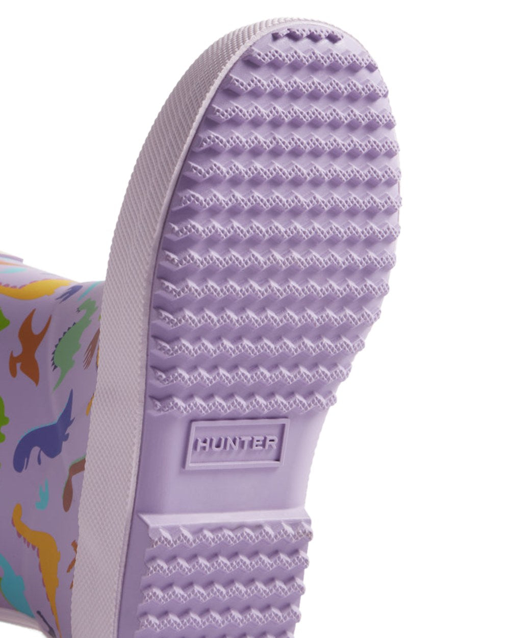 Purple Dinosaur Coloured Hunter Kids First Dinosaur Print Wellington Boots on White Background
