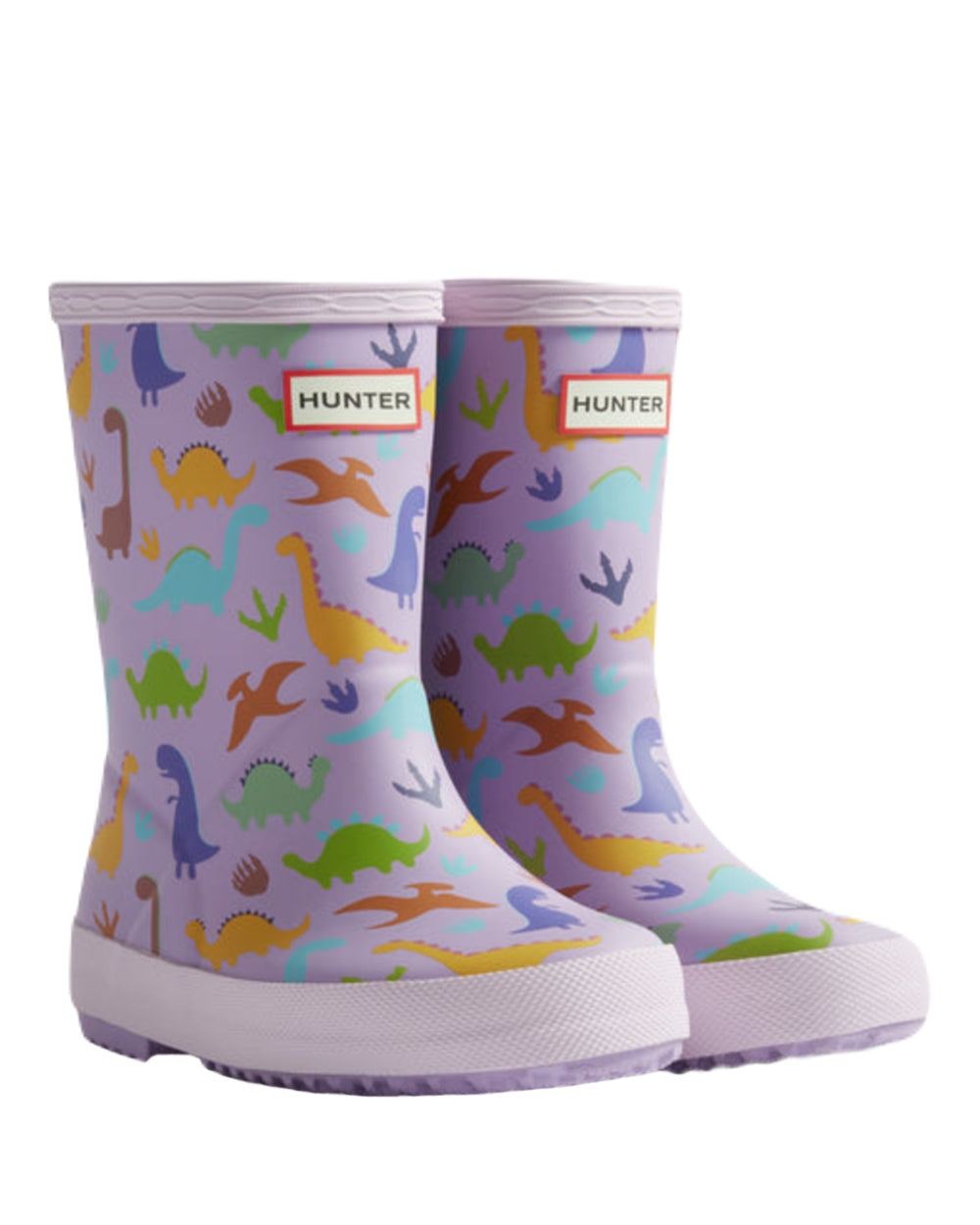 Purple Dinosaur Coloured Hunter Kids First Dinosaur Print Wellington Boots on White Background
