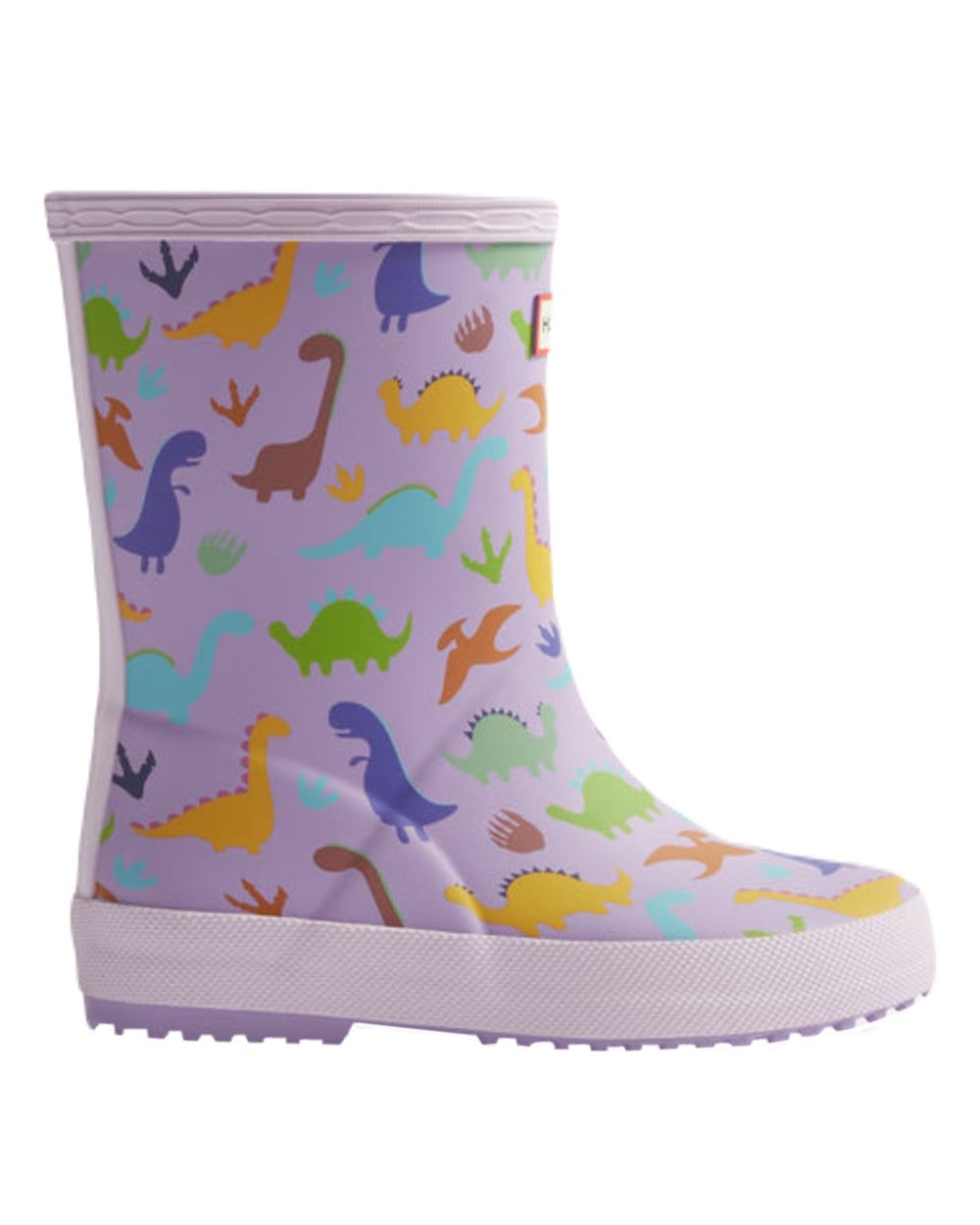 Purple Dinosaur Coloured Hunter Kids First Dinosaur Print Wellington Boots on White Background
