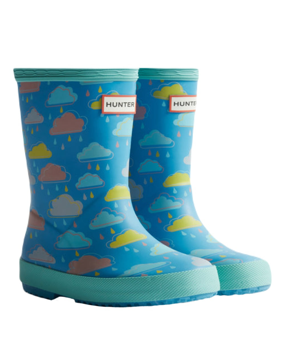 Blue Rainclouds Coloured Hunter Original Kids First Rain Cloud Print Wellingtons on White Background
