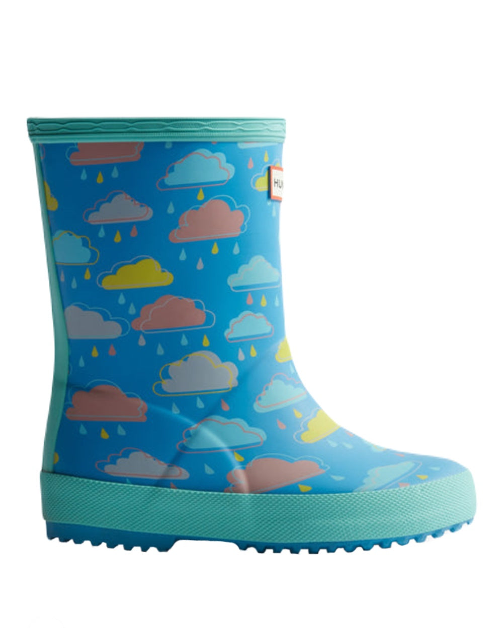 Blue Rainclouds Coloured Hunter Original Kids First Rain Cloud Print Wellingtons on White Background
