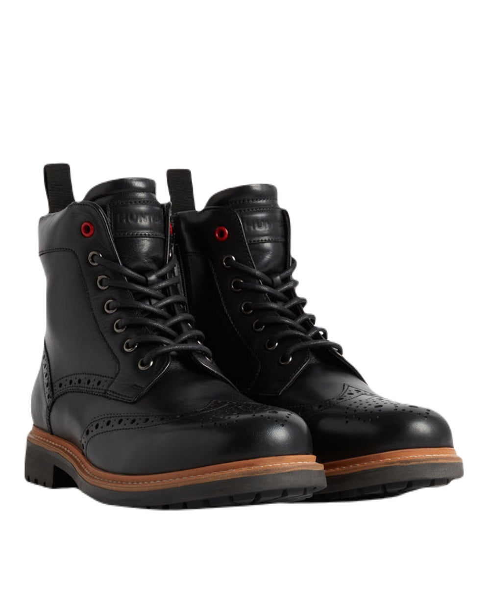 Black Coloured Hunter Mens Cawdor Brogue Ankle Boots on White Background
