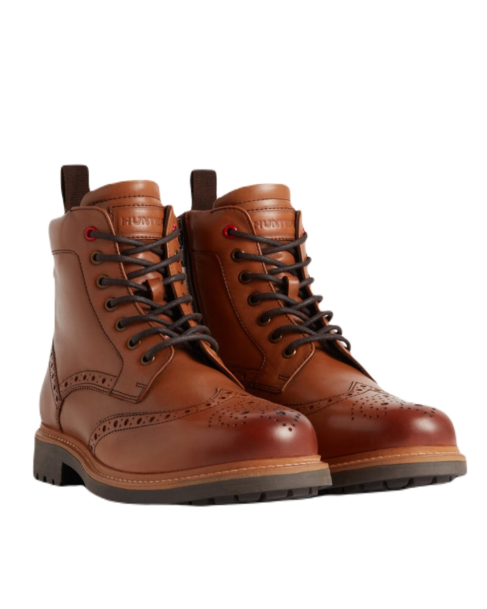 Tan Coloured Hunter Mens Cawdor Brogue Ankle Boots on White Background
